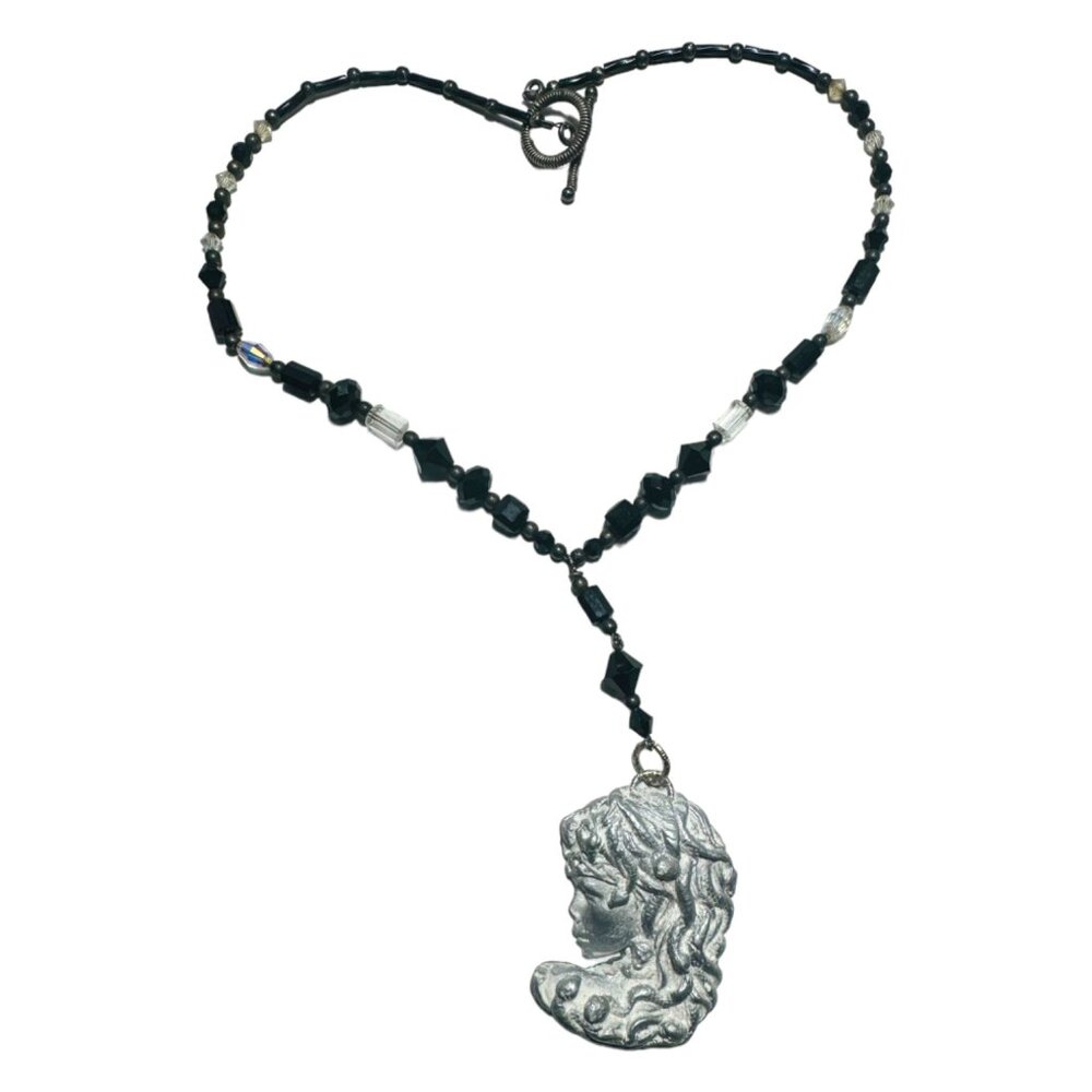 Art Nuveau Clay Lady Pendant with Artisan Crystal Beaded Necklace